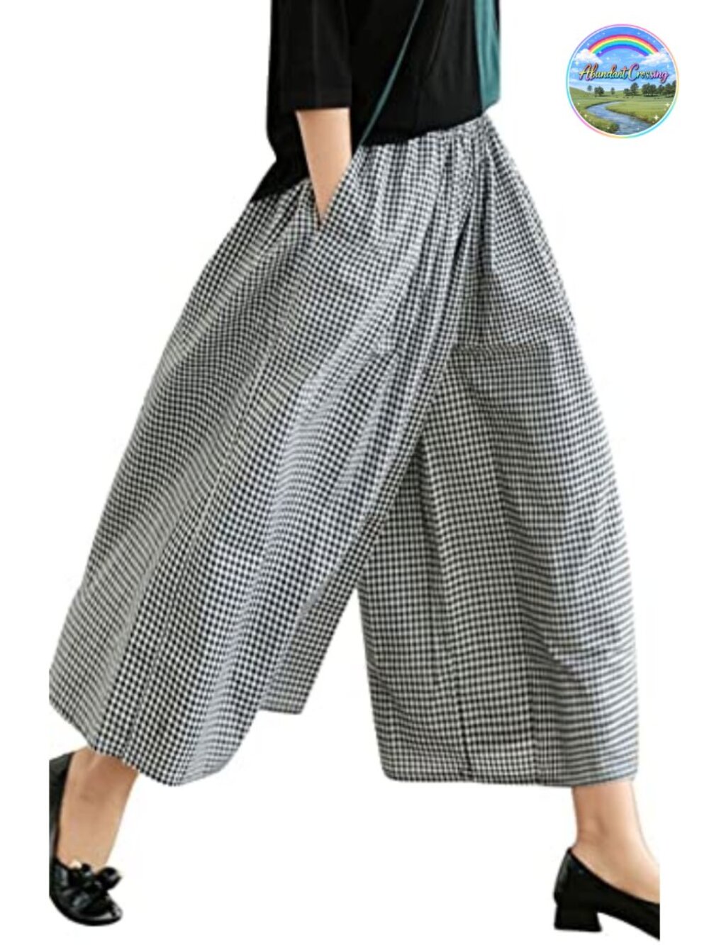 Women's Cotton Linen Plaid Wide Leg Capri Palazzo Pants
